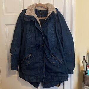 Style & Co Macy’s LongDenim Hooded Anorak Jacket Drawstring Waist Blue Large